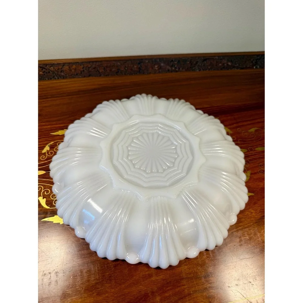 Vintage Milk Glass Deviled Egg Platter • Scalloped Gold Trim Serving Tray